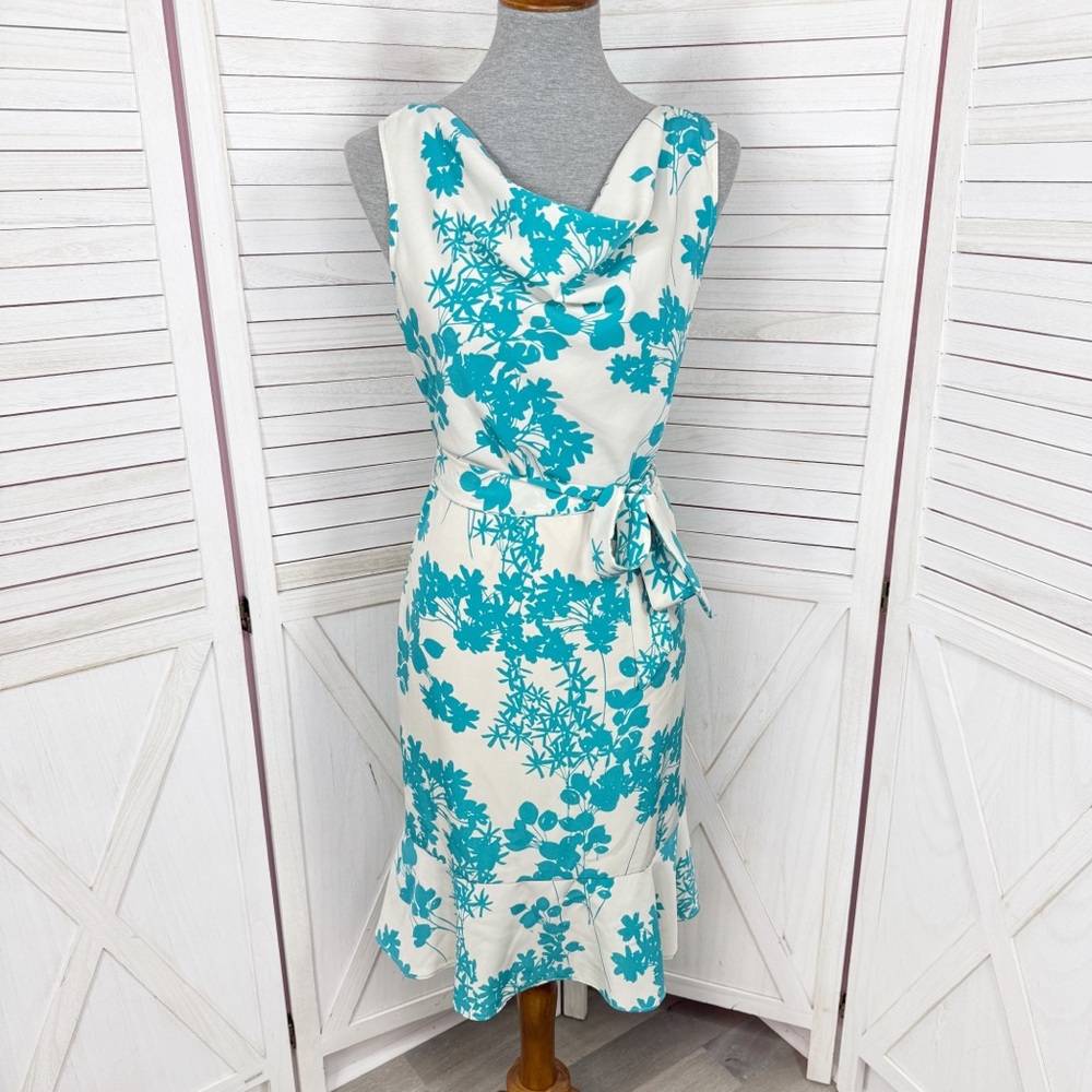 The Limited Floral Drape Cowl Neck Ruffle Peplum Hem Dress Teal Ivory 10